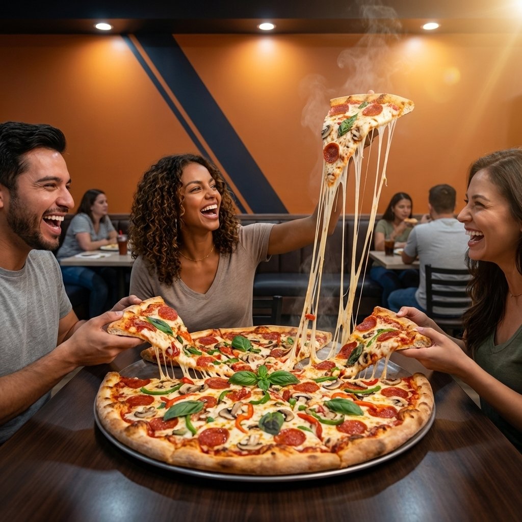 Friends enjoying pizza
