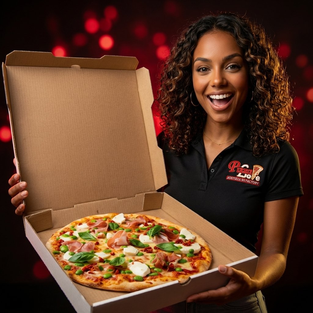 Laila with pizza box